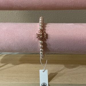 Tory Burch Logo Pearl and Rose Gold Tone Cuff Bracelet